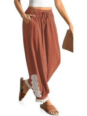 Women's Rust Crochet-Trim Elastic Waist Boho Pants
